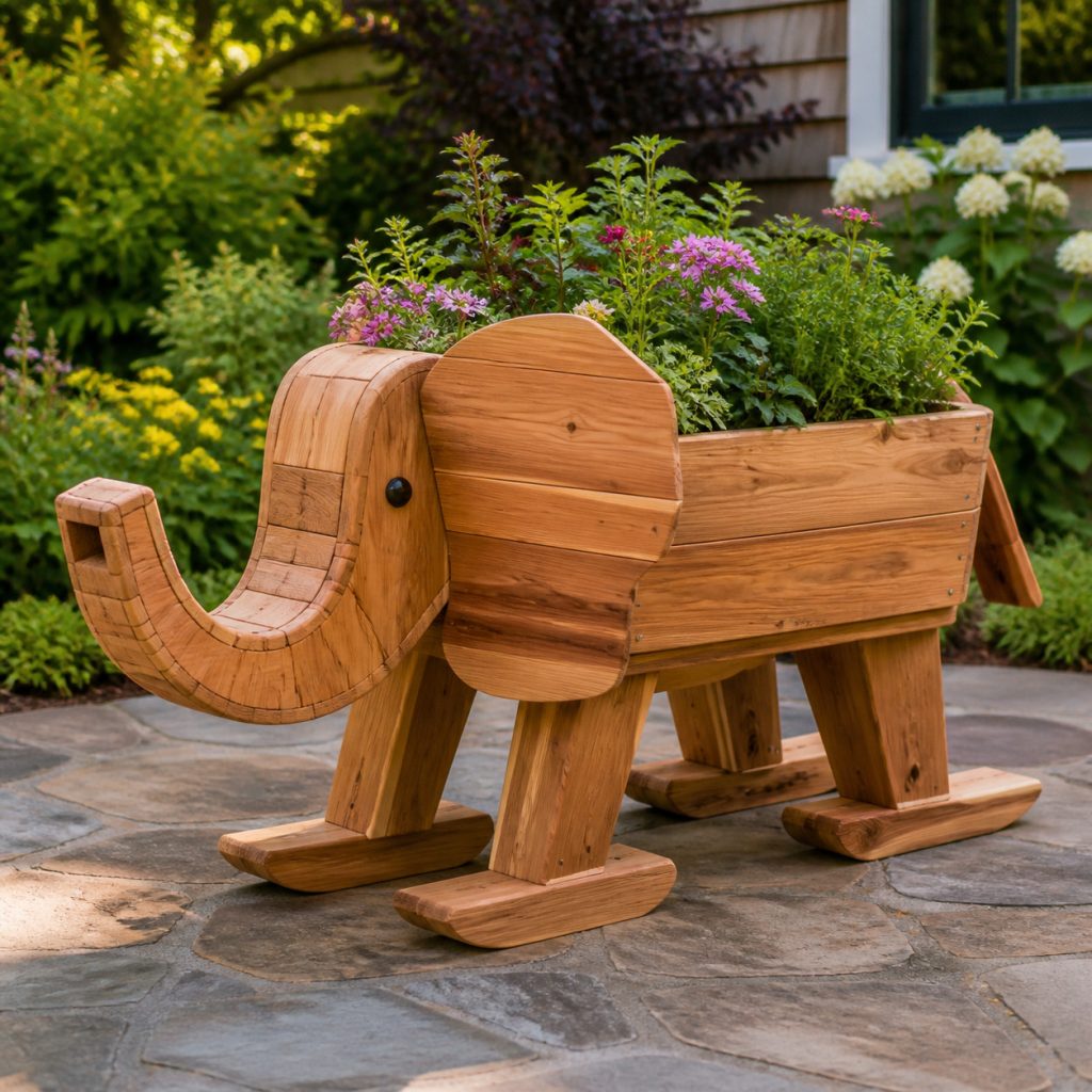 Low Herb-Trough Elephant shown as a square photorealistic cedar garden planter filled with cottage flowers