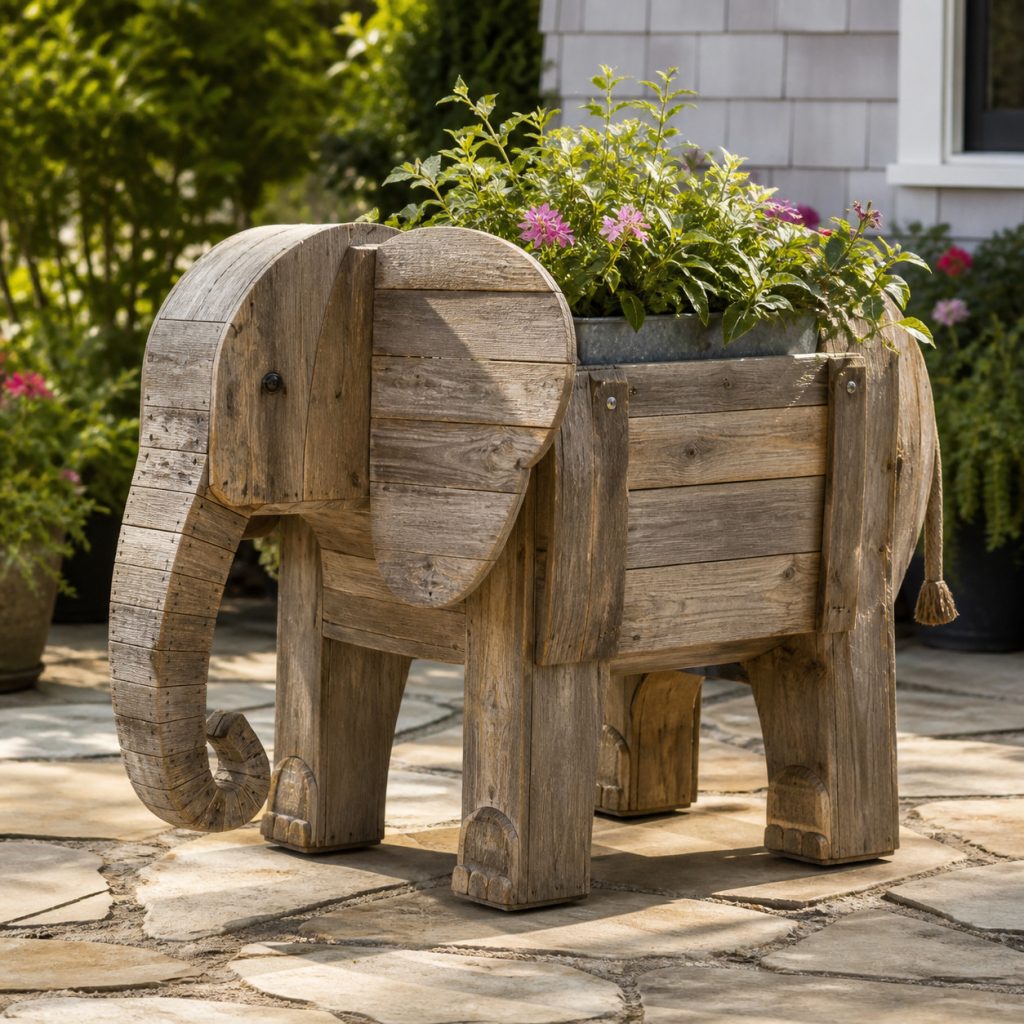 Weathered Cottage Elephant shown as a square photorealistic cedar garden planter filled with cottage flowers