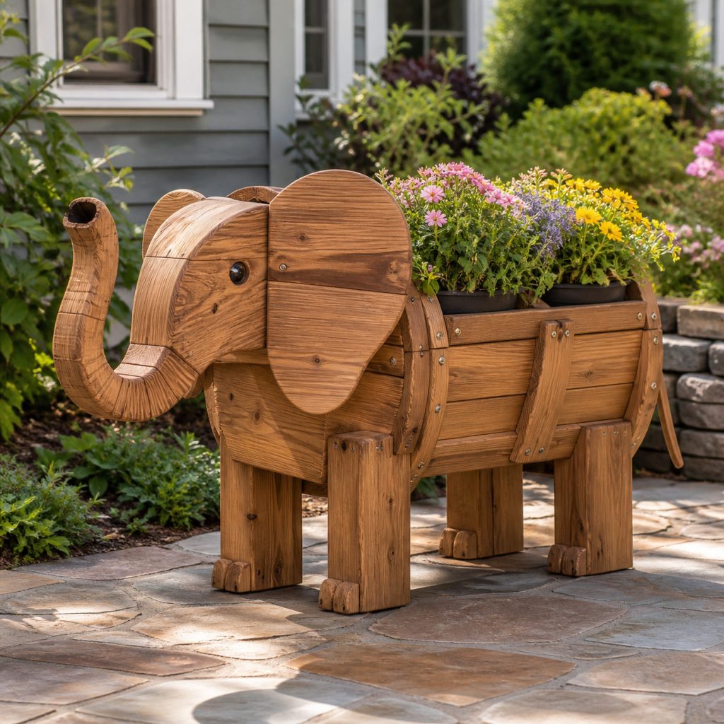 Elephant with Twin Flower Pots shown as a square photorealistic cedar garden planter filled with cottage flowers