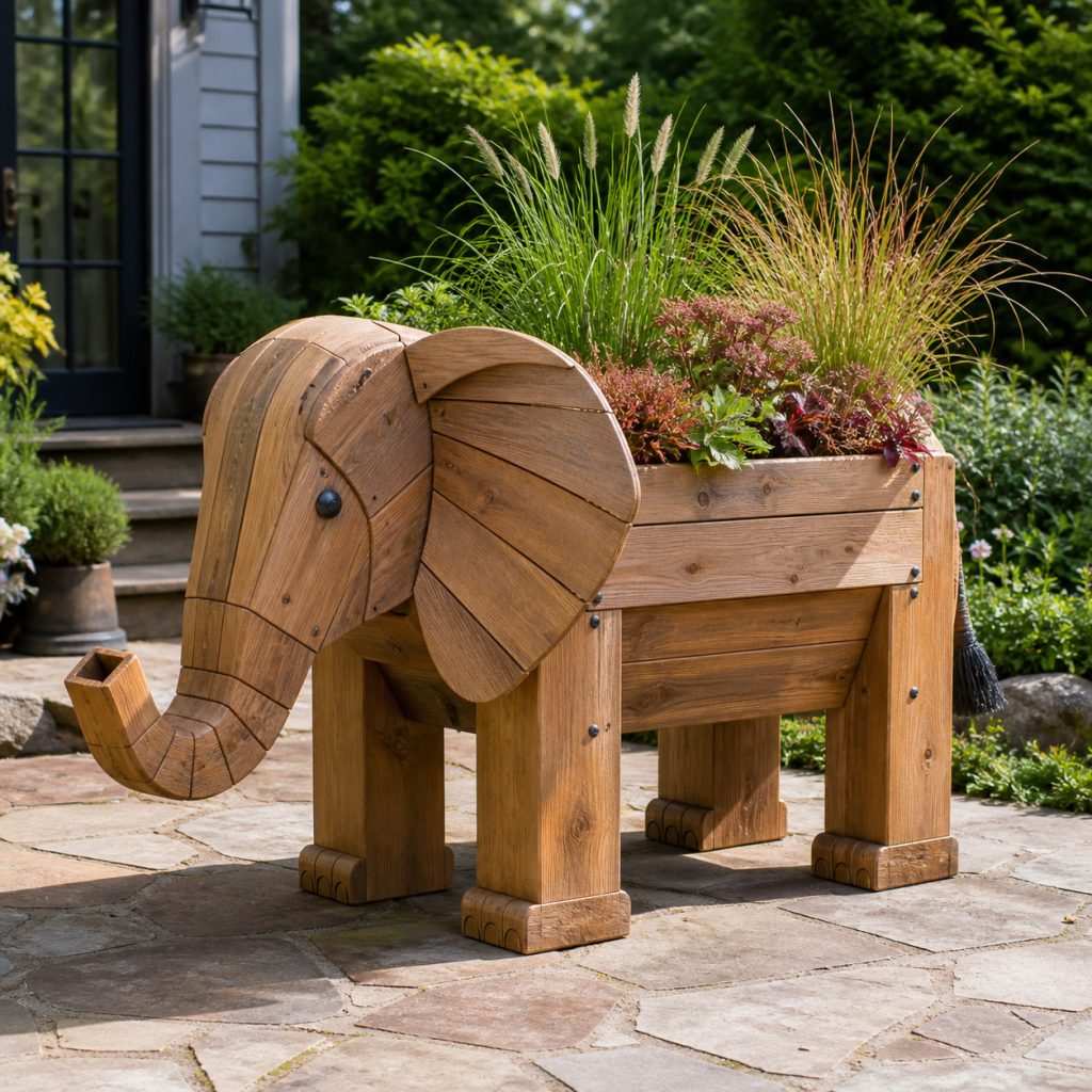 Large Broad-Base Elephant shown as a square photorealistic cedar garden planter filled with cottage flowers