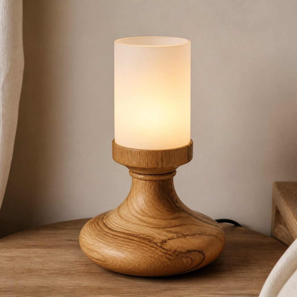 Turned Elm Bedside Lamp shown as an original square photorealistic elm wood lamp with authentic grain, warm diffused light, and a short dark power cord