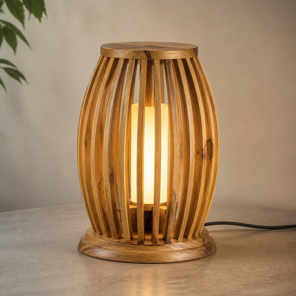 Curved Slat Elm Lantern shown as an original square photorealistic elm wood lamp with authentic grain, warm diffused light, and a short dark power cord