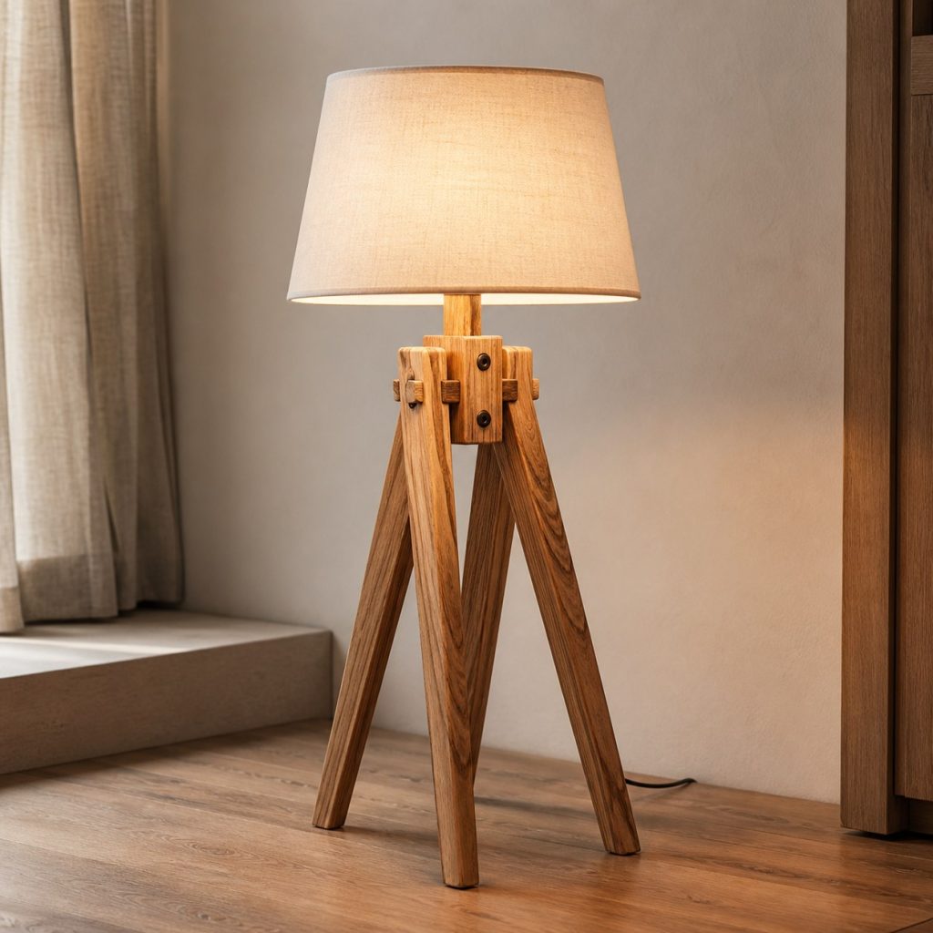 Elm Tripod Reading Lamp shown as an original square photorealistic elm wood lamp with authentic grain, warm diffused light, and a short dark power cord