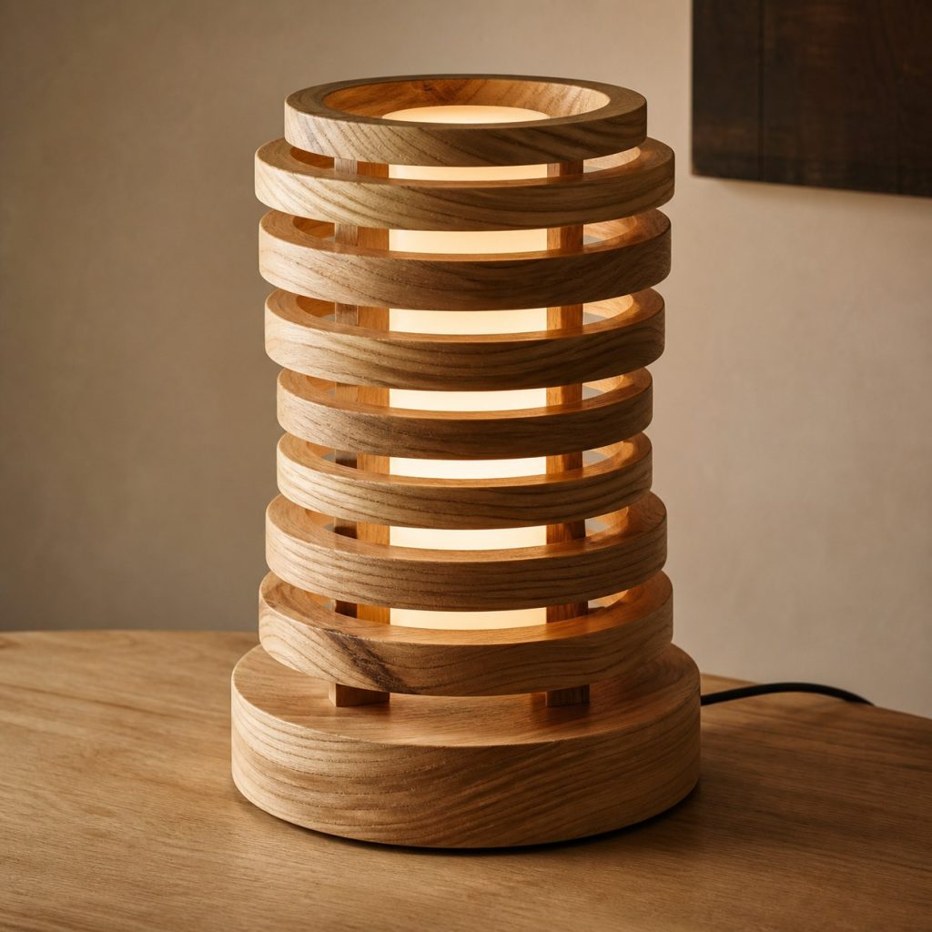 Stacked Elm Ring Lamp shown as an original square photorealistic elm wood lamp with authentic grain, warm diffused light, and a short dark power cord