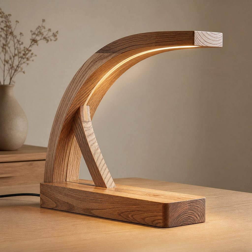 Laminated Elm Arch Lamp shown as an original square photorealistic elm wood lamp with authentic grain, warm diffused light, and a short dark power cord