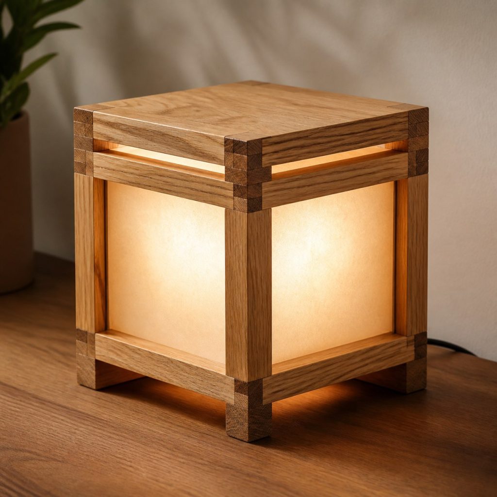 Box-Jointed Elm Cube Lamp shown as an original square photorealistic elm wood lamp with authentic grain, warm diffused light, and a short dark power cord