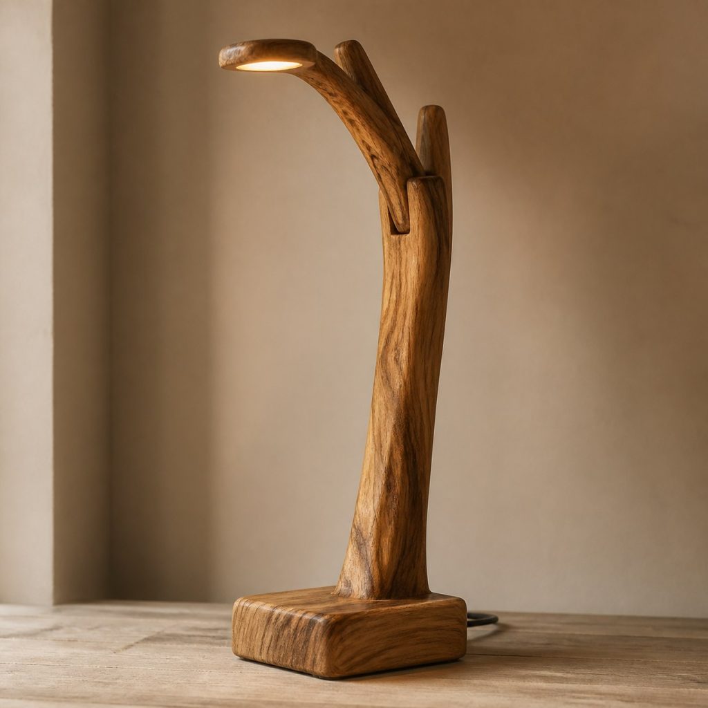 Elm Branch Reading Lamp shown as an original square photorealistic elm wood lamp with authentic grain, warm diffused light, and a short dark power cord