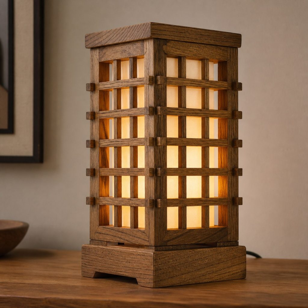 Elm Lattice Lamp shown as an original square photorealistic elm wood lamp with authentic grain, warm diffused light, and a short dark power cord