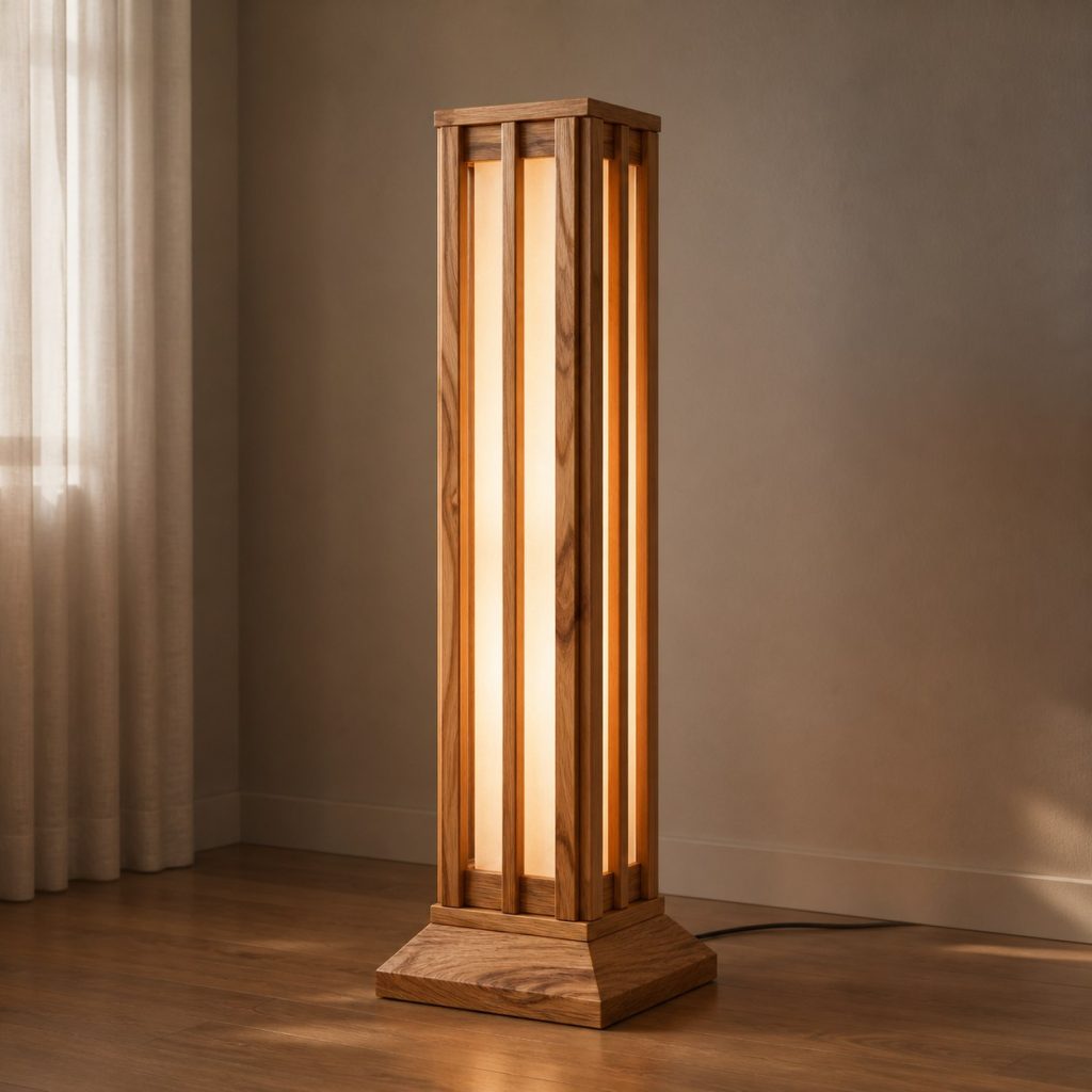 Elm Column Floor Lamp shown as an original square photorealistic elm wood lamp with authentic grain, warm diffused light, and a short dark power cord