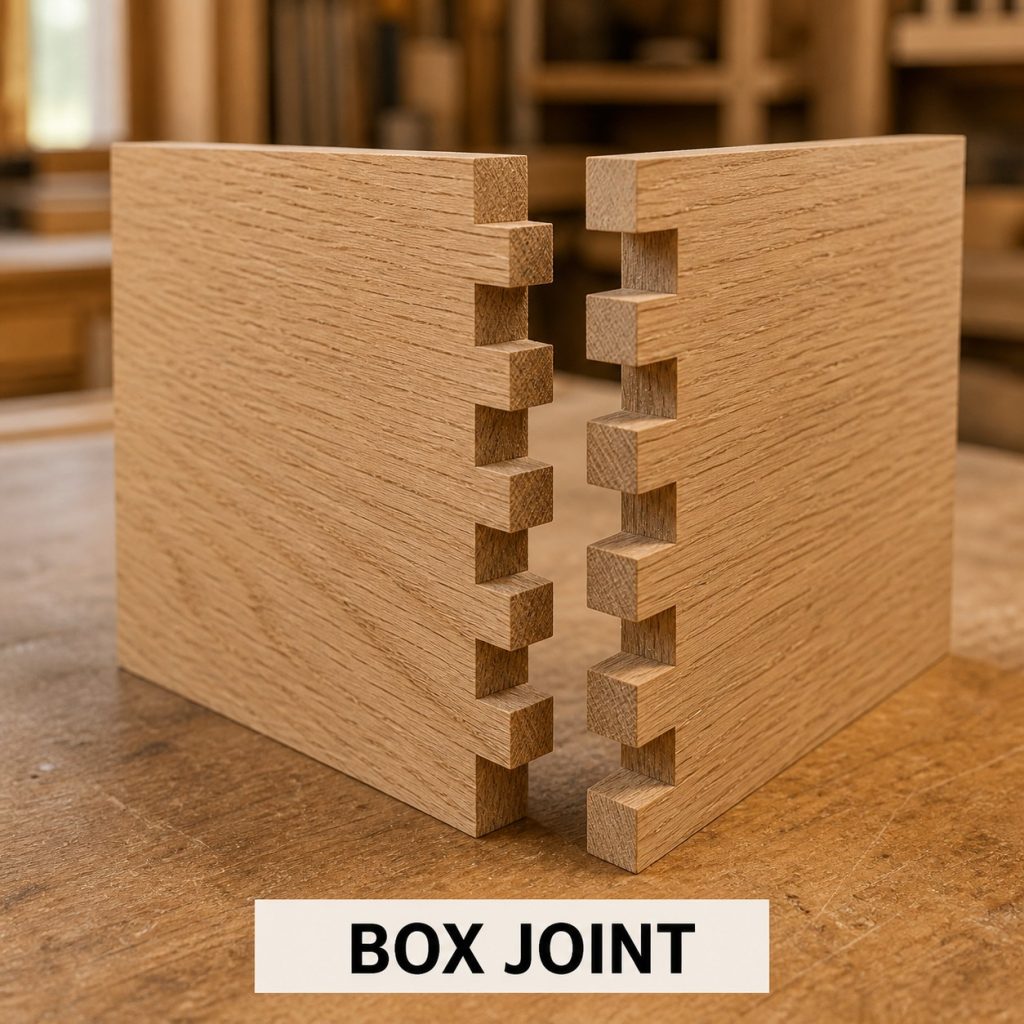 Photorealistic oak box joint with matching square fingers and spaces