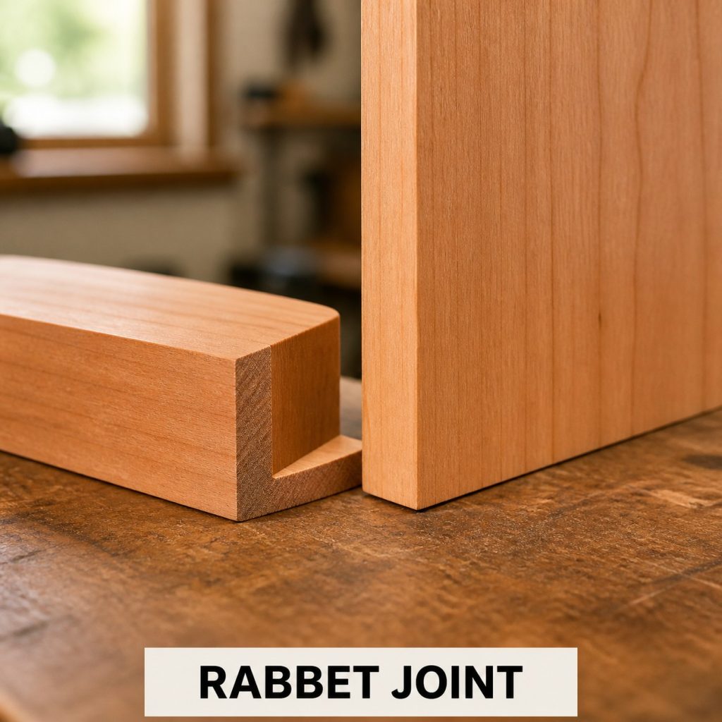Photorealistic cherry rabbet joint with one L-shaped recess and a matching panel