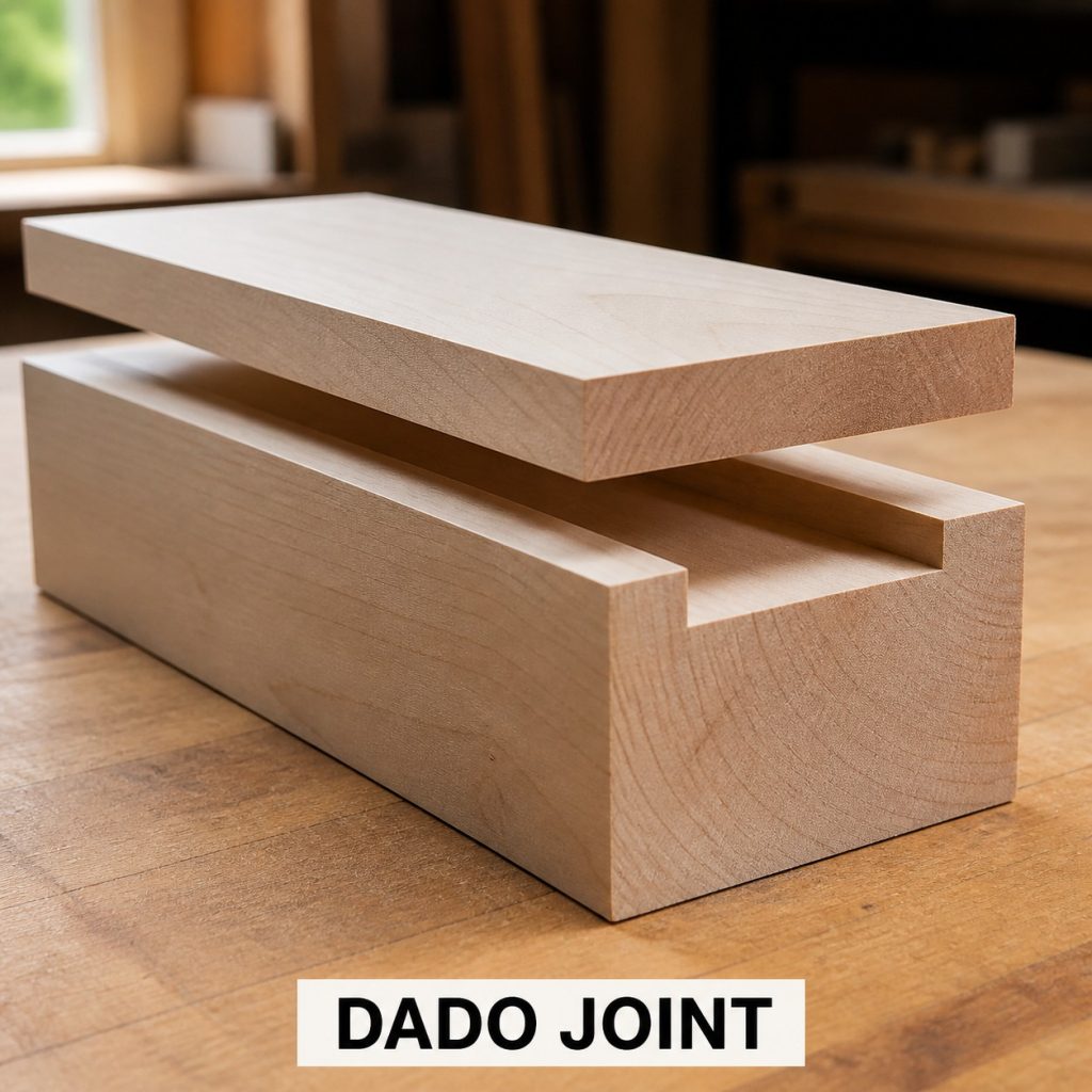 Photorealistic maple dado joint with a shelf aligned over a matching groove