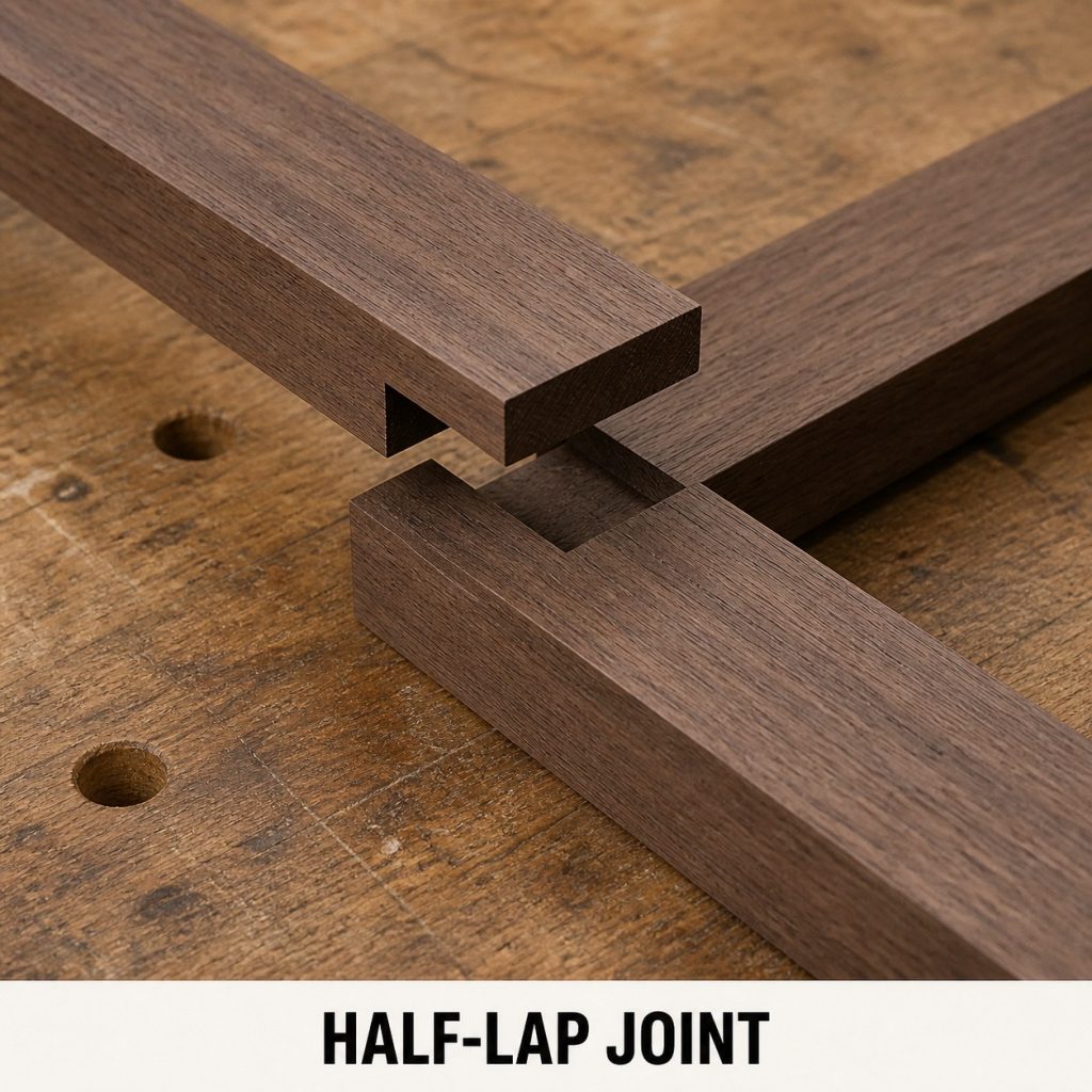 Photorealistic walnut cross half-lap joint with complementary half-depth notches