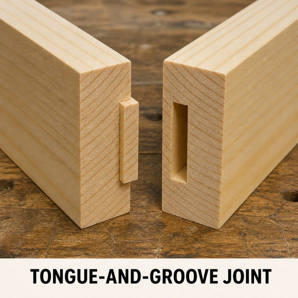 Photorealistic pine tongue-and-groove joint showing matching edge profiles