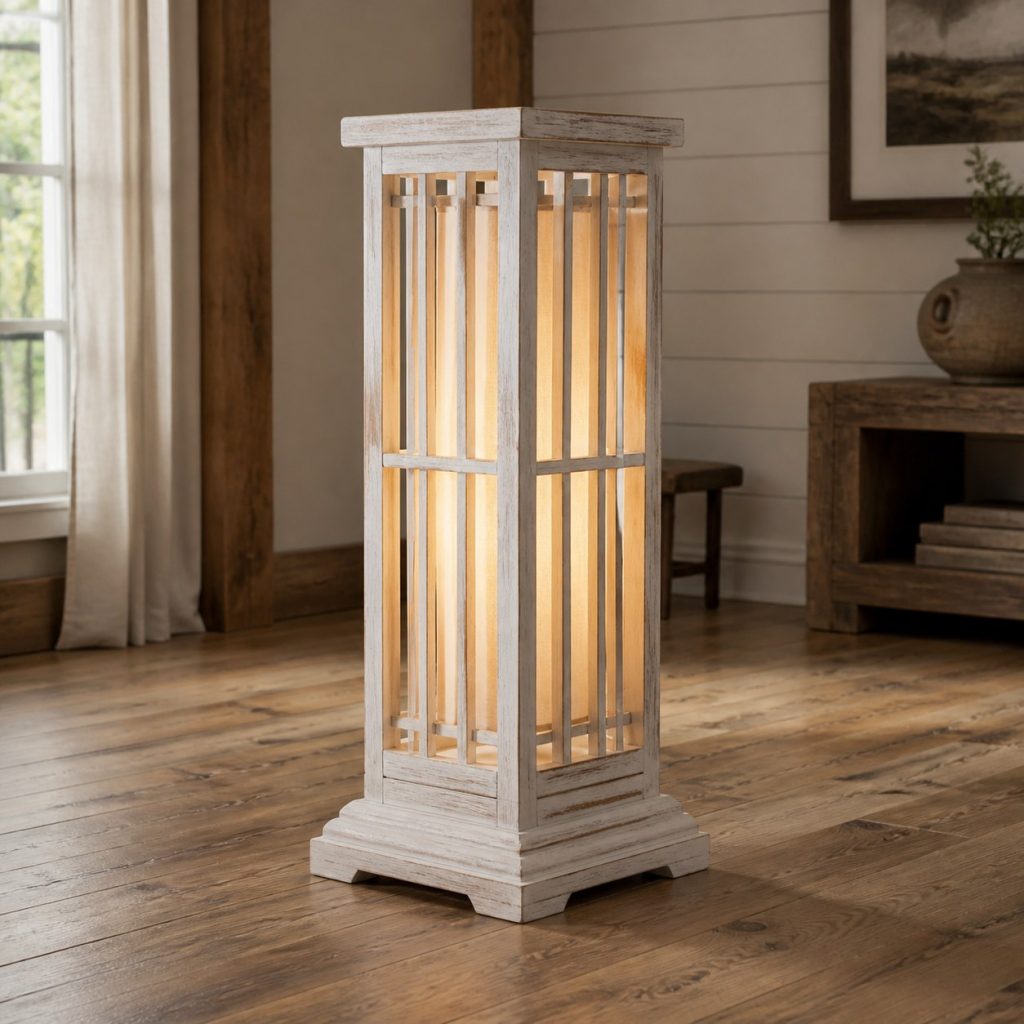 Whitewashed-Pine Farmhouse Lantern shown as an original square photorealistic farmhouse wooden lamp with real wood grain, warm LED light, and physically plausible support