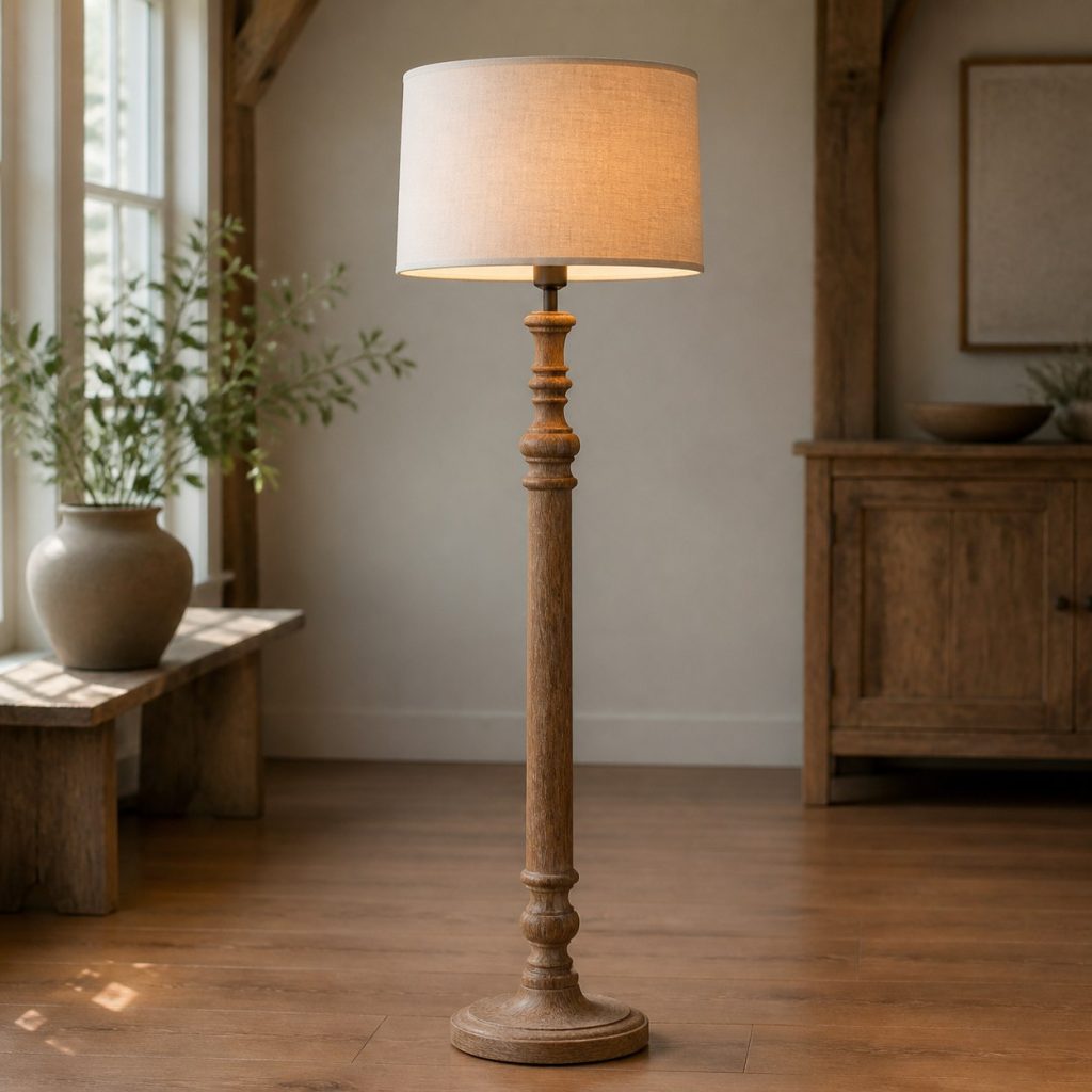 Turned-Oak Farmhouse Lamp shown as an original square photorealistic farmhouse wooden lamp with real wood grain, warm LED light, and physically plausible support