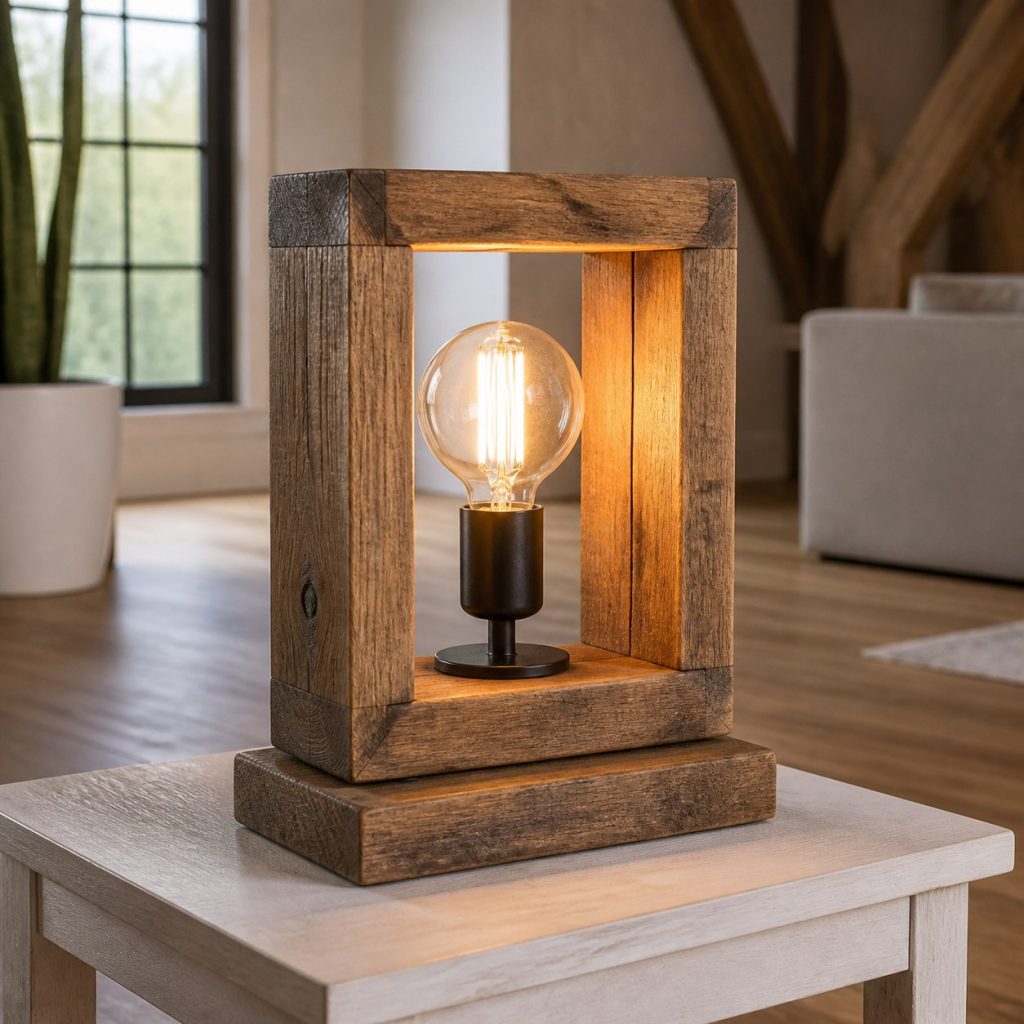 Barnwood Box-Frame Lamp shown as an original square photorealistic farmhouse wooden lamp with real wood grain, warm LED light, and physically plausible support