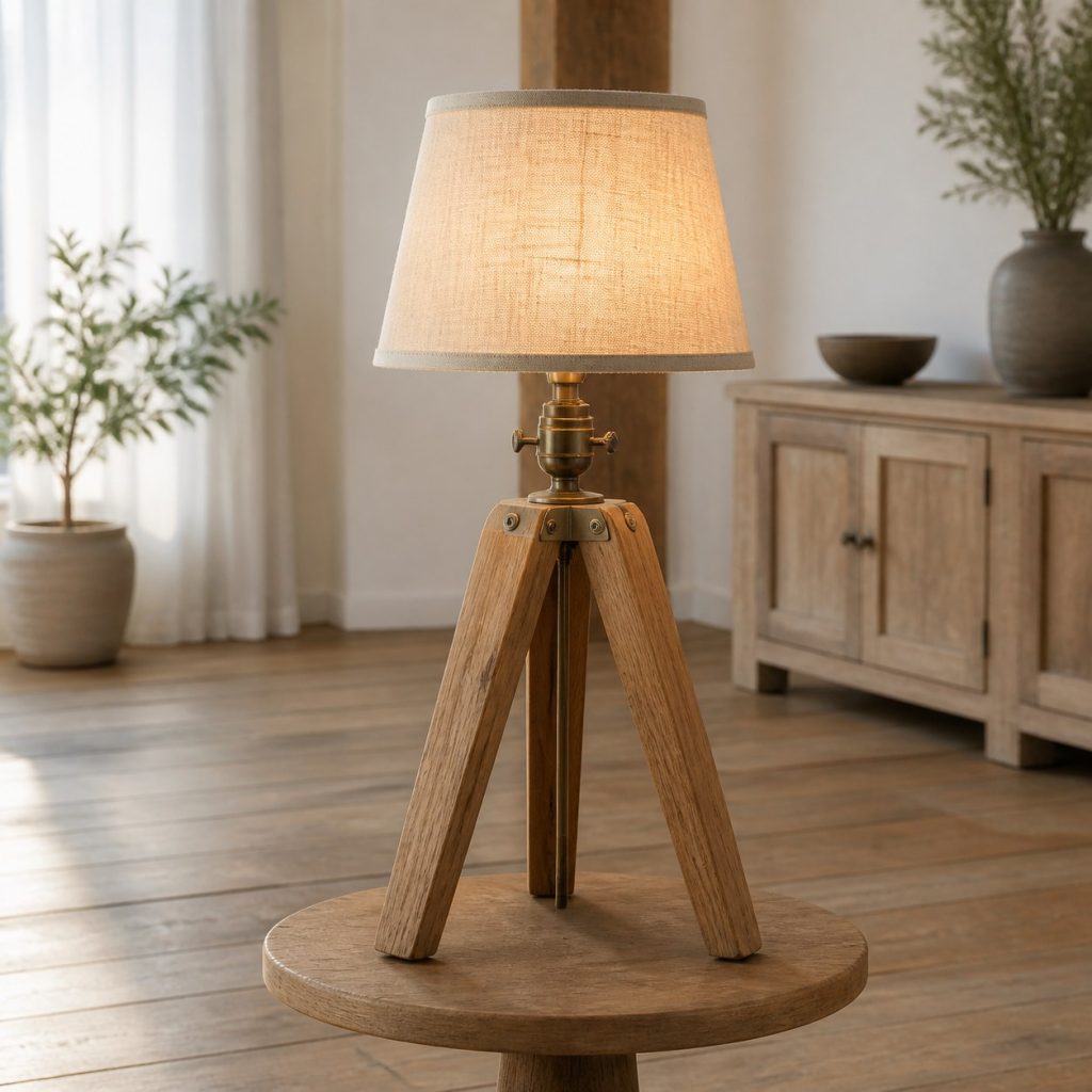 Maple Stool-Inspired Tripod Lamp shown as an original square photorealistic farmhouse wooden lamp with real wood grain, warm LED light, and physically plausible support