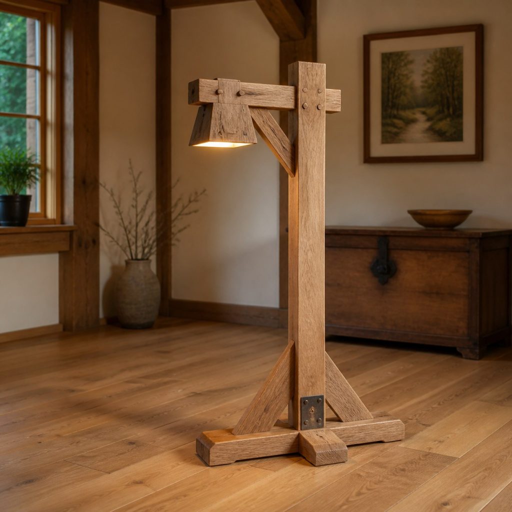 Oak Beam-and-Brace Lamp shown as an original square photorealistic farmhouse wooden lamp with real wood grain, warm LED light, and physically plausible support