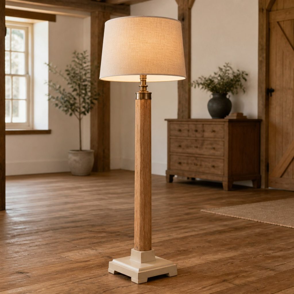 Two-Tone Farmhouse Column Lamp shown as an original square photorealistic farmhouse wooden lamp with real wood grain, warm LED light, and physically plausible support