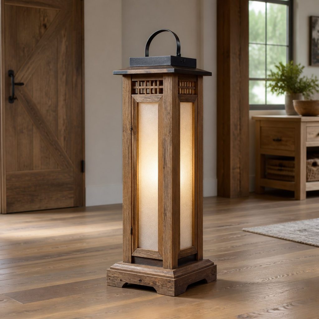 Reclaimed-Chestnut Lantern shown as an original square photorealistic farmhouse wooden lamp with real wood grain, warm LED light, and physically plausible support