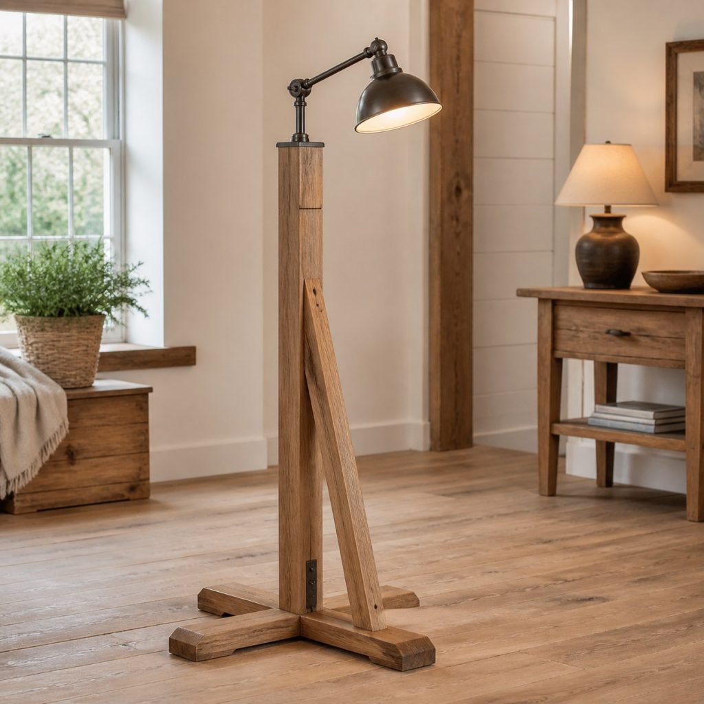 Low Oak Farmhouse Bedside Lamp shown as an original square photorealistic farmhouse wooden lamp with real wood grain, warm LED light, and physically plausible support