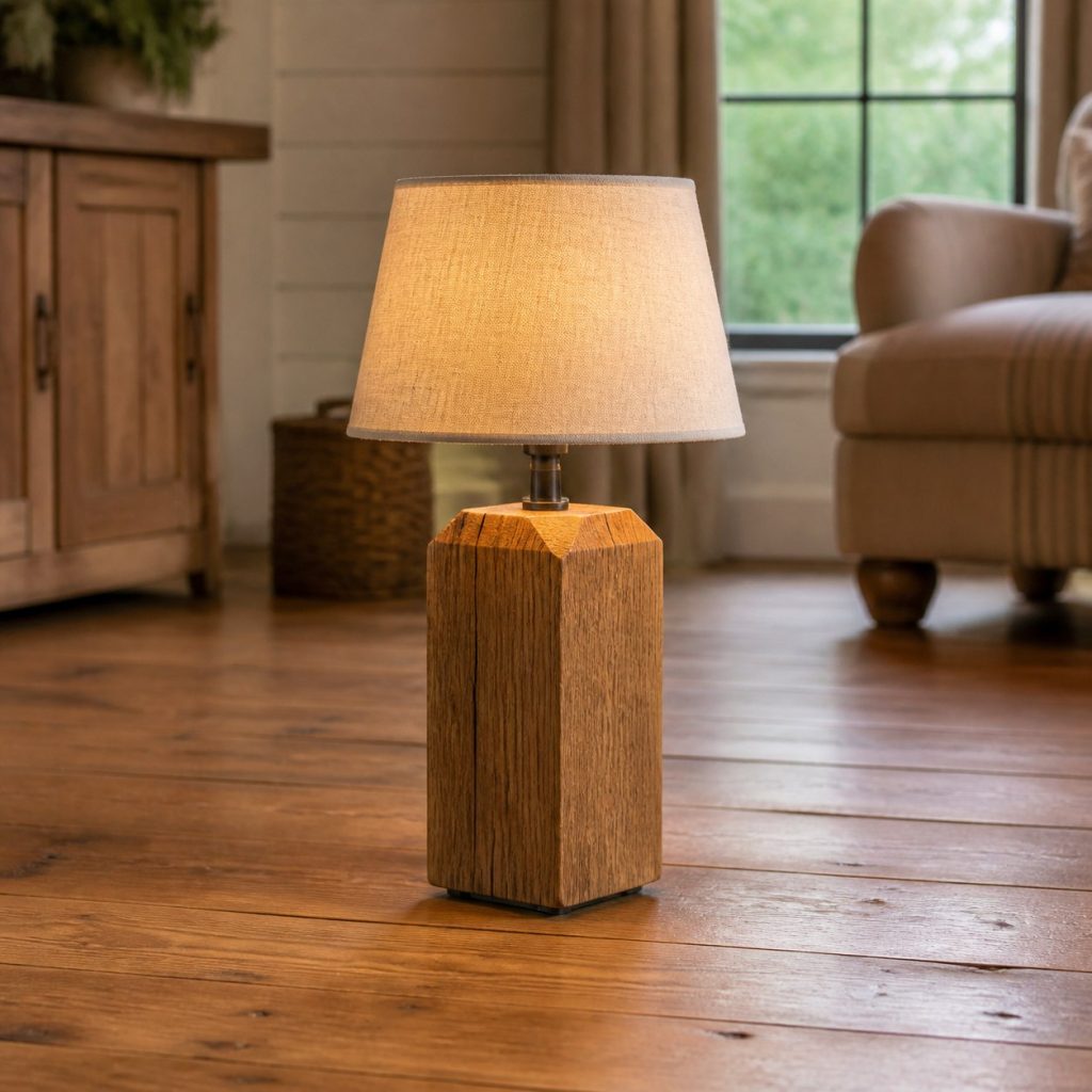 Tall Braced Farmhouse Reading Lamp shown as an original square photorealistic farmhouse wooden lamp with real wood grain, warm LED light, and physically plausible support