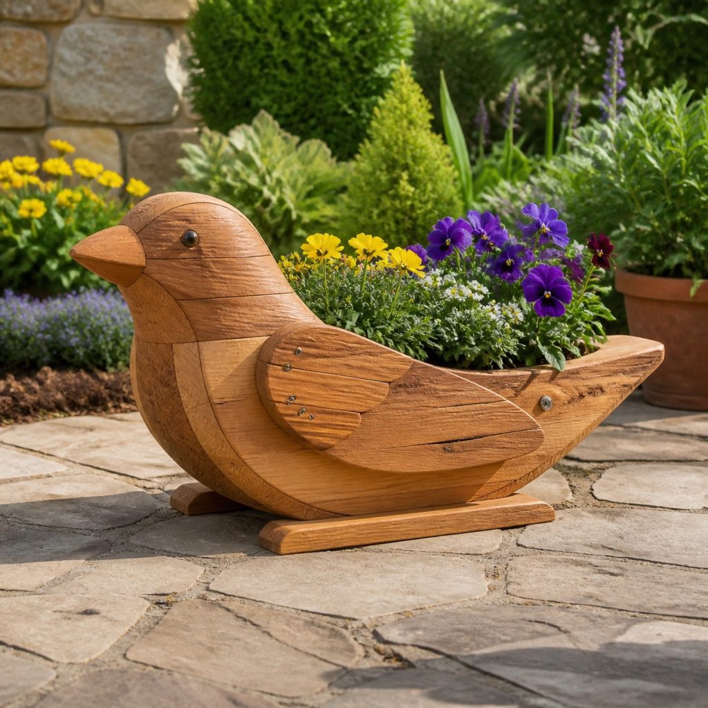 Classic Yellow-Chest Cedar Finch shown as a square photorealistic cedar finch-shaped garden planter filled with flowers