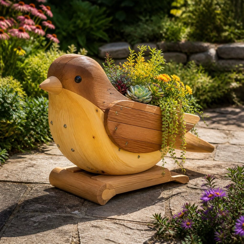 Compact Succulent Finch shown as a square photorealistic cedar finch-shaped garden planter filled with flowers
