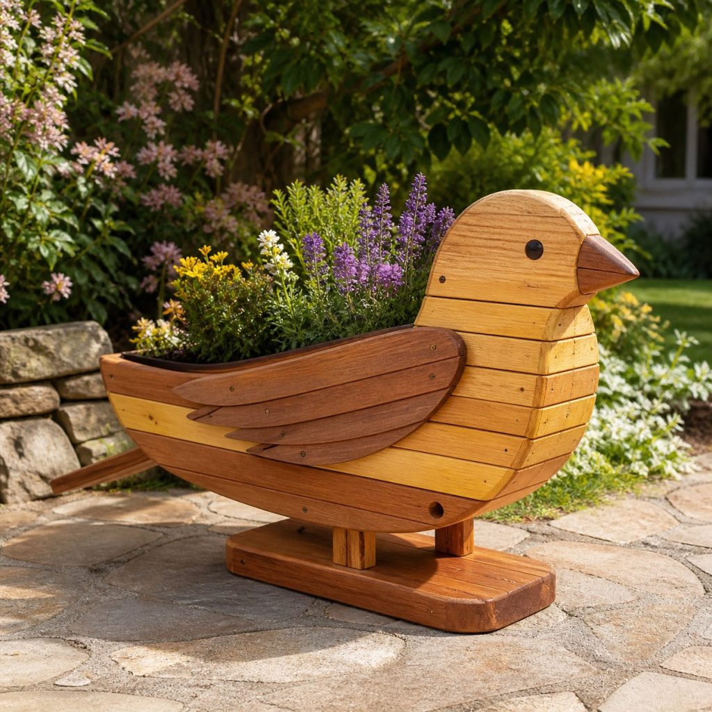 Slatted Herb-Trough Finch shown as a square photorealistic cedar finch-shaped garden planter filled with flowers