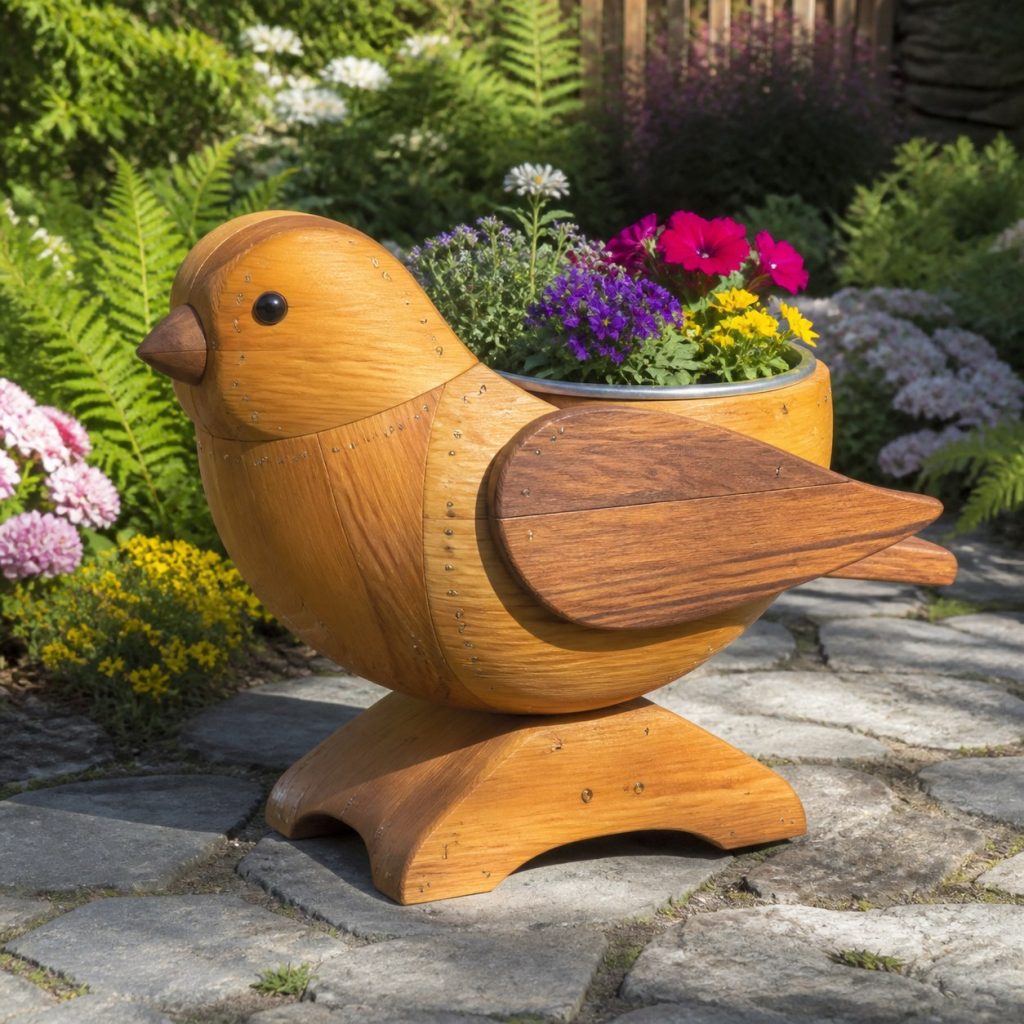 Finch with Galvanized Liner shown as a square photorealistic cedar finch-shaped garden planter filled with flowers