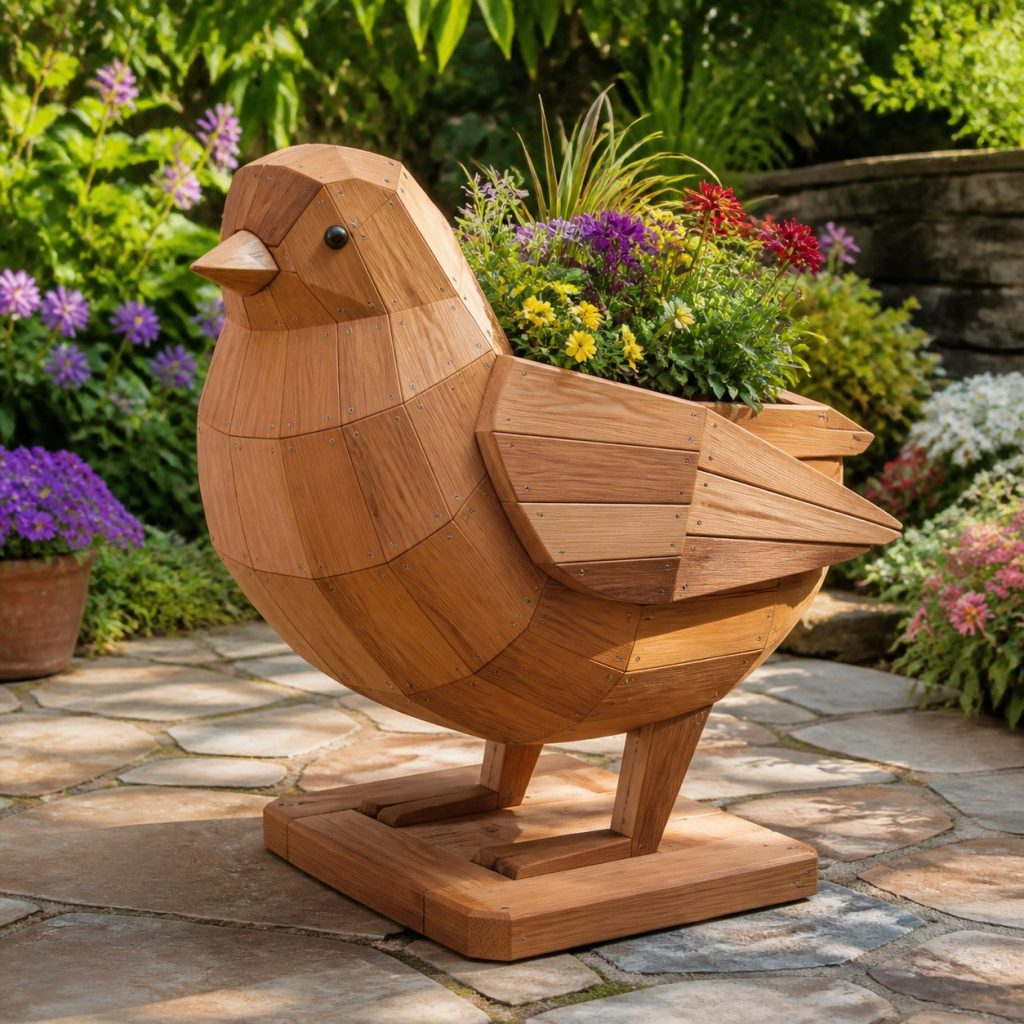 Modern Geometric Finch shown as a square photorealistic cedar finch-shaped garden planter filled with flowers