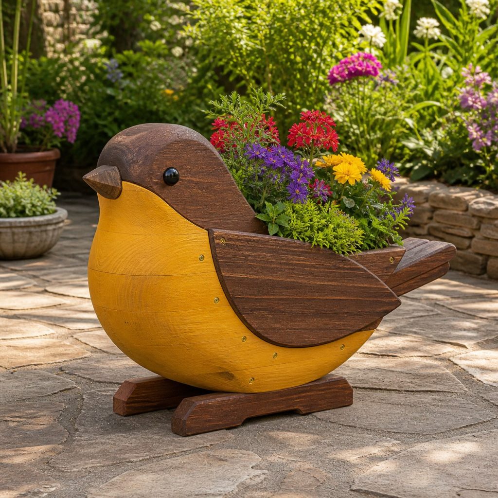 Two-Tone Cedar Finch shown as a square photorealistic cedar finch-shaped garden planter filled with flowers