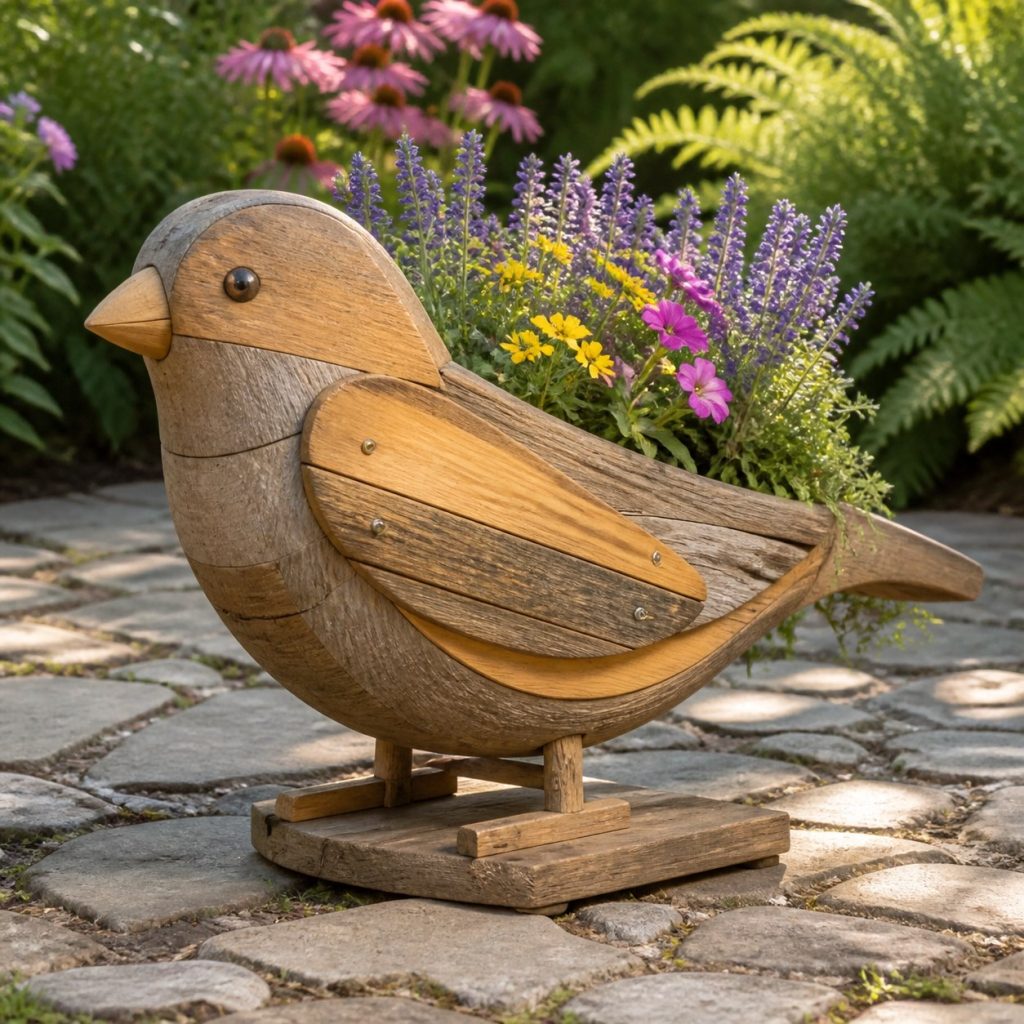 Weathered Cottage Finch shown as a square photorealistic cedar finch-shaped garden planter filled with flowers