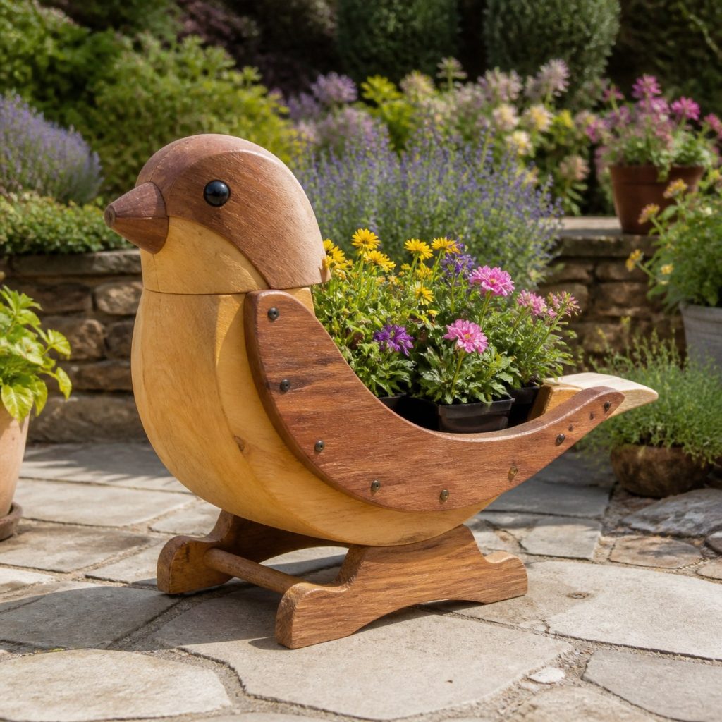 Finch with Twin Flower Pots shown as a square photorealistic cedar finch-shaped garden planter filled with flowers