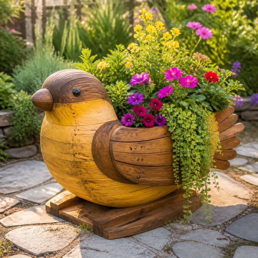 Trailing-Flower Finch shown as a square photorealistic cedar finch-shaped garden planter filled with flowers