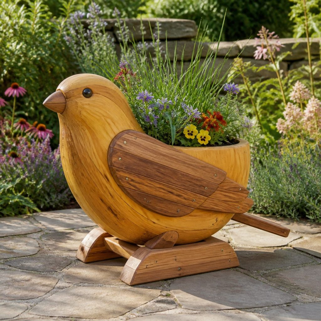 Large Grass-Filled Finch shown as a square photorealistic cedar finch-shaped garden planter filled with flowers