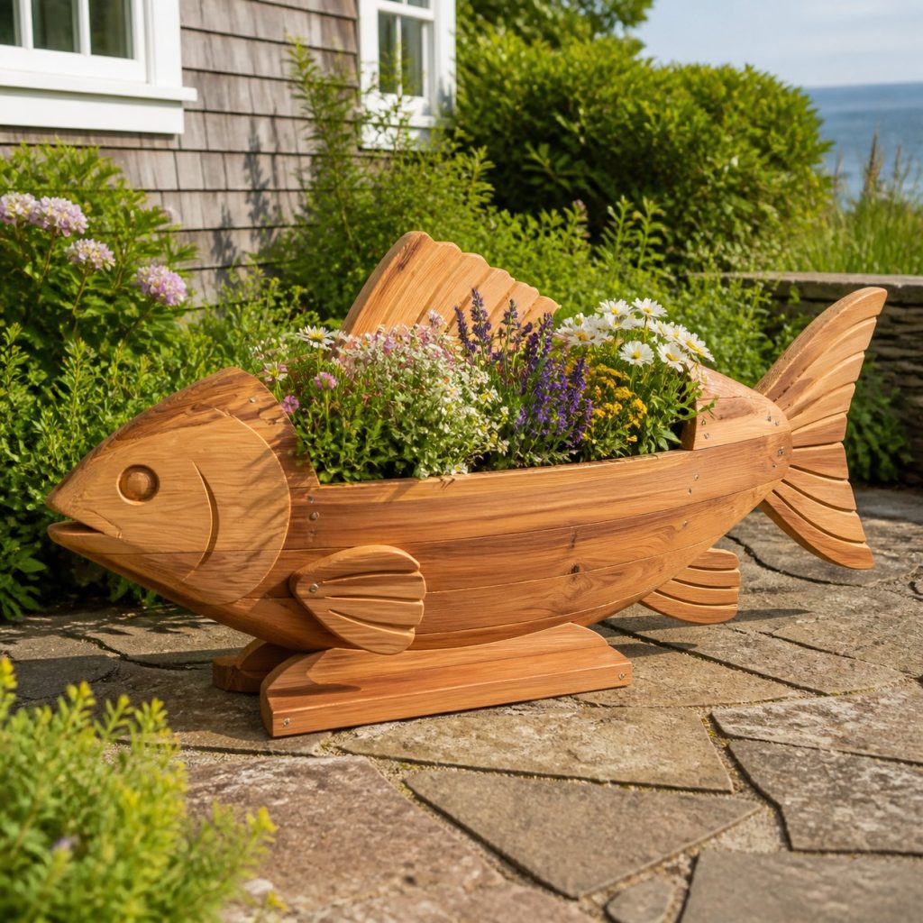 Classic Layered-Fin Fish shown as a square photorealistic cedar fish-shaped garden planter filled with flowers