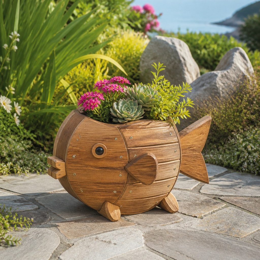 Compact Succulent Fish shown as a square photorealistic cedar fish-shaped garden planter filled with flowers