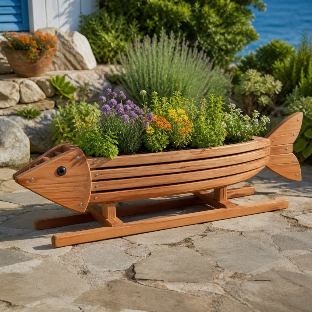 Long Slatted Herb Fish shown as a square photorealistic cedar fish-shaped garden planter filled with flowers