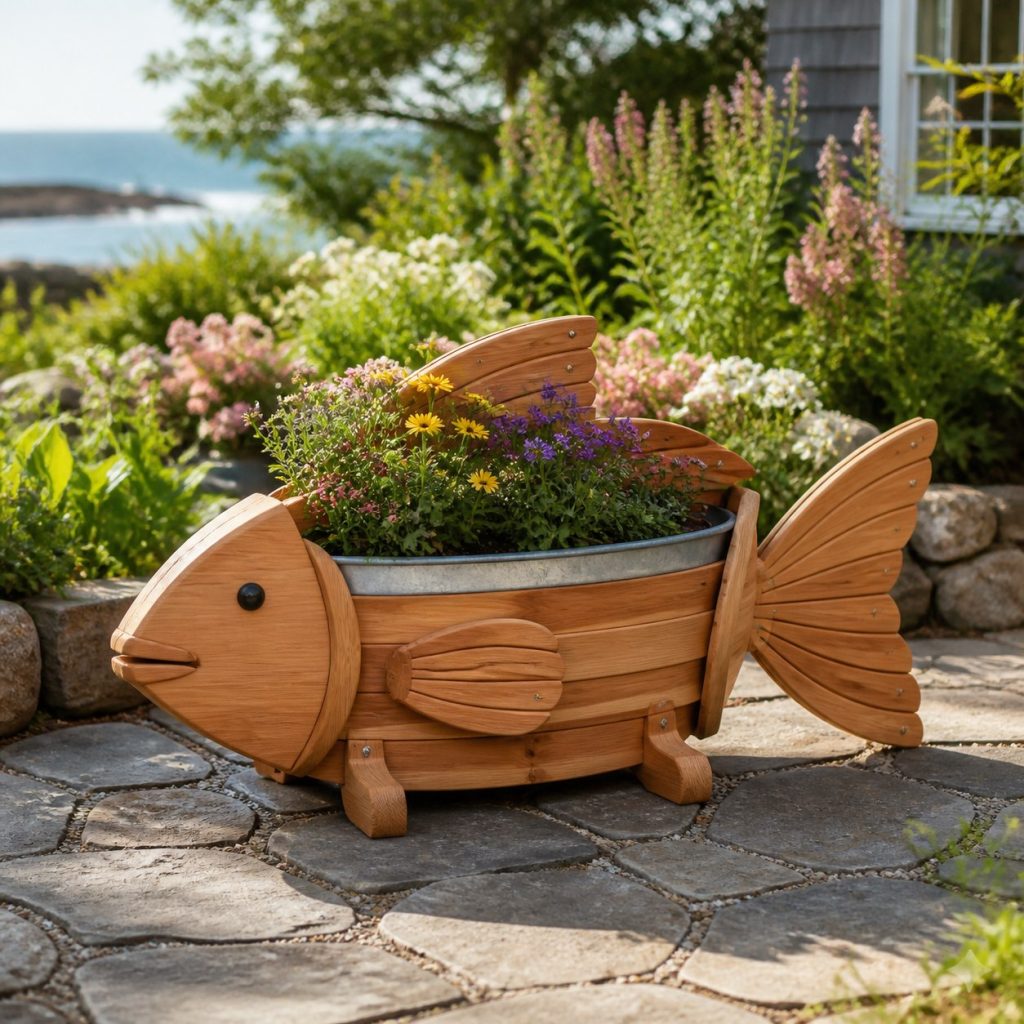 Fish with Galvanized Body Liner shown as a square photorealistic cedar fish-shaped garden planter filled with flowers