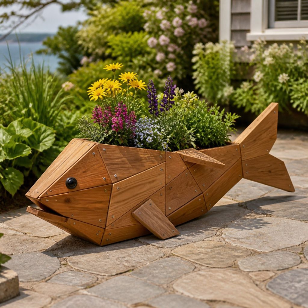 Modern Geometric Fish shown as a square photorealistic cedar fish-shaped garden planter filled with flowers