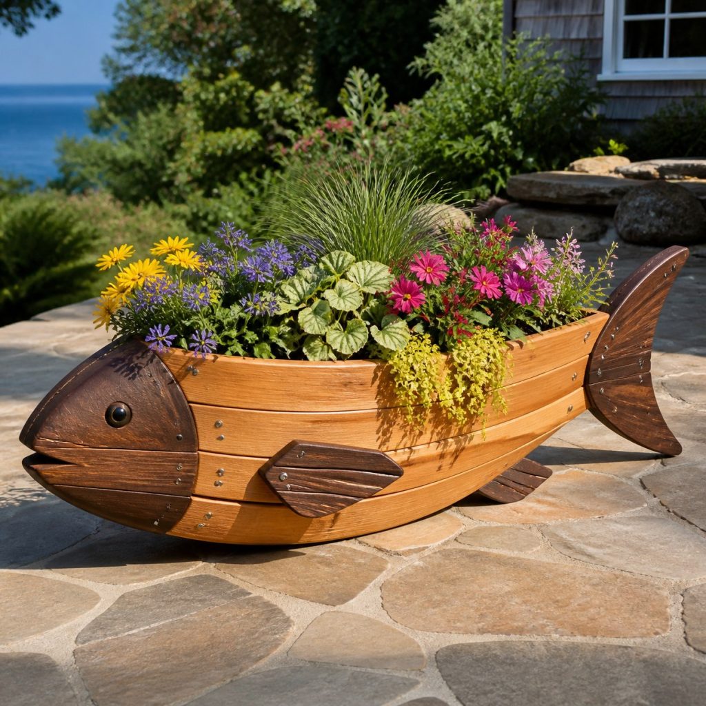 Two-Tone Cedar Fish shown as a square photorealistic cedar fish-shaped garden planter filled with flowers
