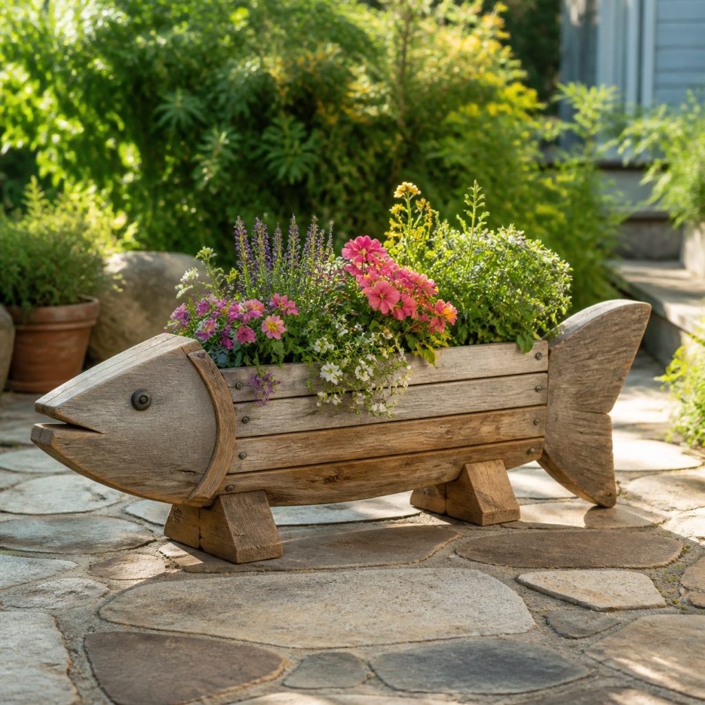 Weathered Cottage Fish shown as a square photorealistic cedar fish-shaped garden planter filled with flowers