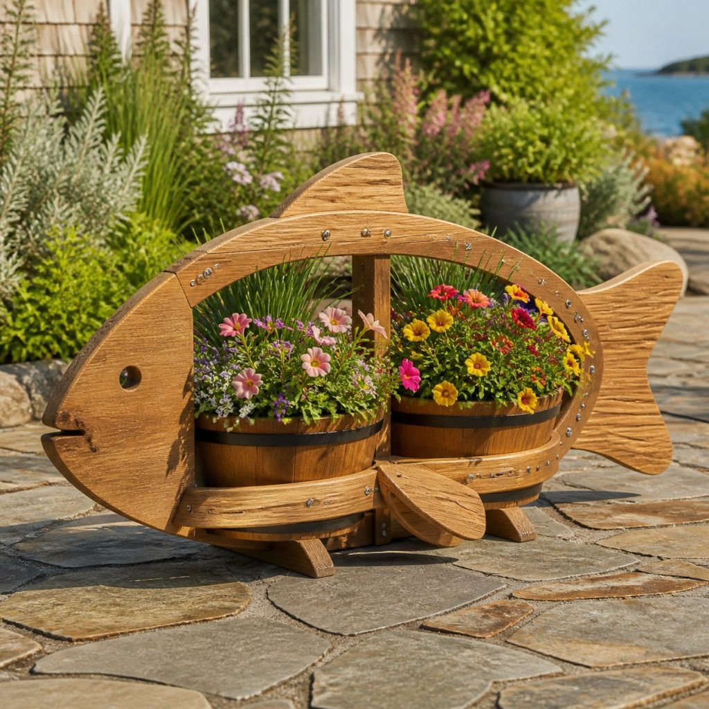 Fish with Twin Flower Pots shown as a square photorealistic cedar fish-shaped garden planter filled with flowers
