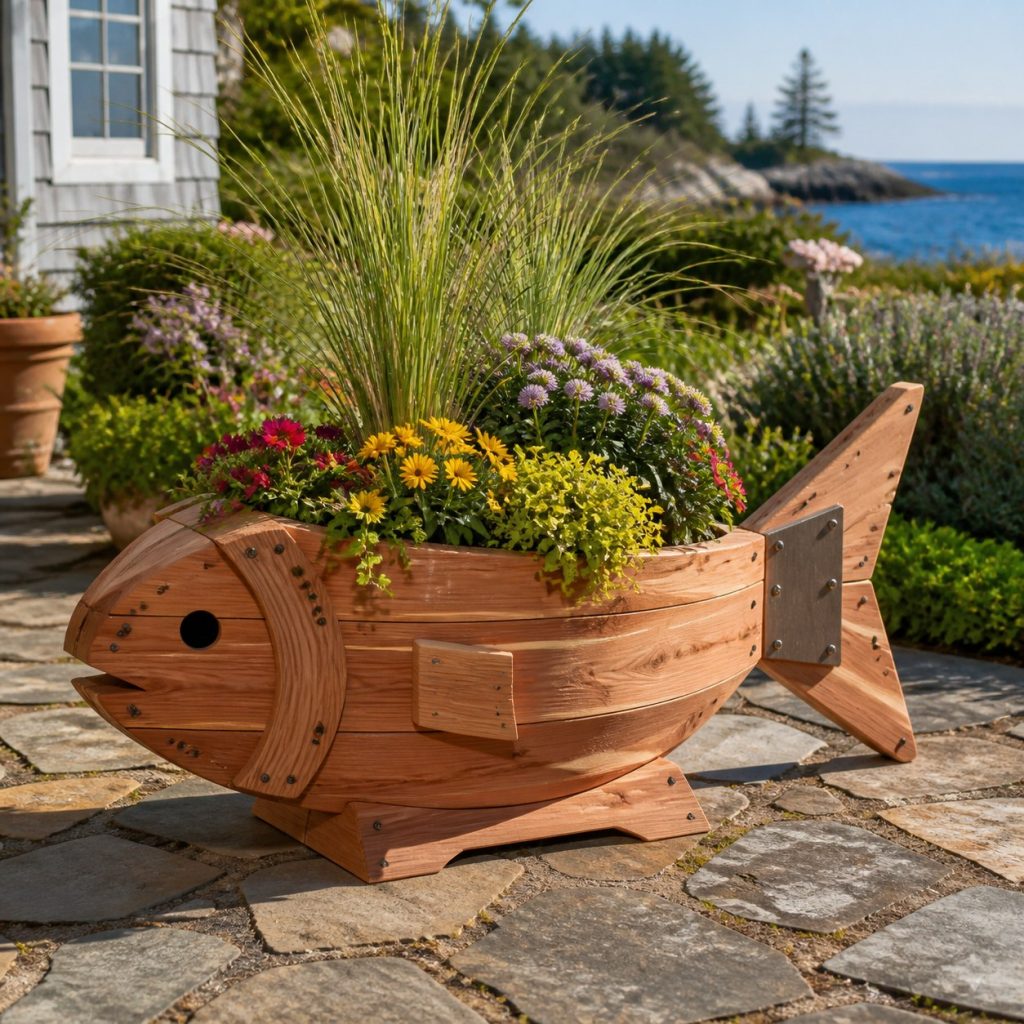 Trailing-Flower Fish Planter shown as a square photorealistic cedar fish-shaped garden planter filled with flowers
