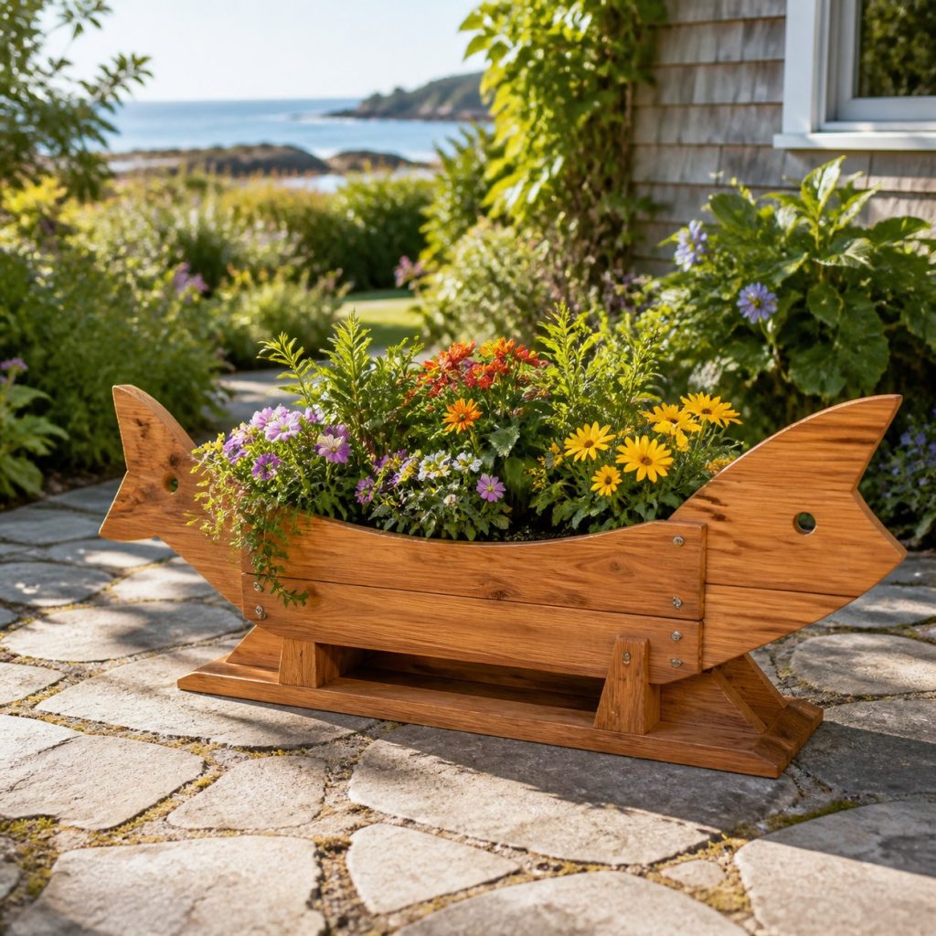 Large Grass-Filled Fish shown as a square photorealistic cedar fish-shaped garden planter filled with flowers