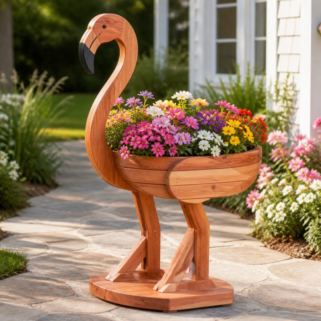 Classic Curved-Neck Flamingo shown as a square photorealistic cedar garden planter filled with cottage flowers