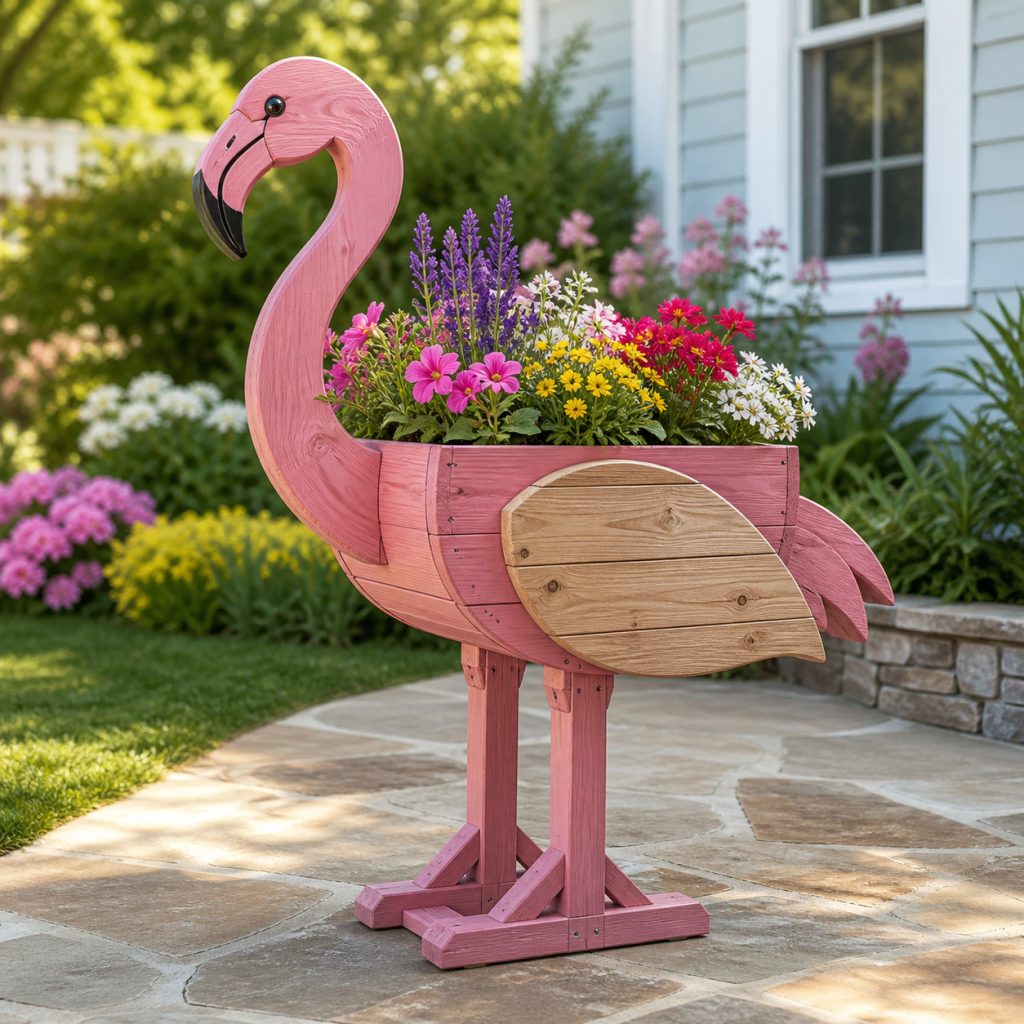 Pink-Washed Cedar Flamingo shown as a square photorealistic cedar garden planter filled with cottage flowers