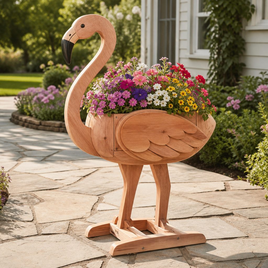 Natural-Wood Patio Flamingo shown as a square photorealistic cedar garden planter filled with cottage flowers